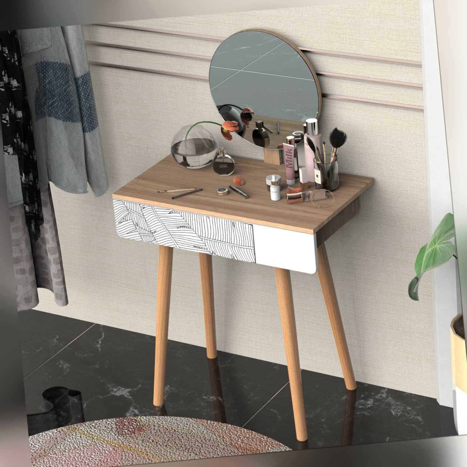 Wooden Compact Dressing Table w/ Drawer Mirror 4 Legs Table Top Bedroom