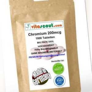 Chromium Picolinate 200mcg - 1000 Tabletten - OHNE MAGNESIUMSTEARAT  MADE IN GER