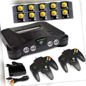 N64 / Nintendo 64 - Konsole + 2 Controller Neu Schwarz + alle Kabel + 10x Spiele
