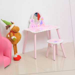 HOOMCOM Girls Kids Pink Dressing Table Make Up Play Set Desk Chair Mirror Wooden