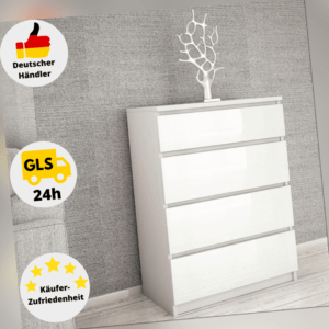Kommode Weiß Hochglanz mit 4 Schubladen Sideboard Schrank 70 cm Mehrzweckschrank