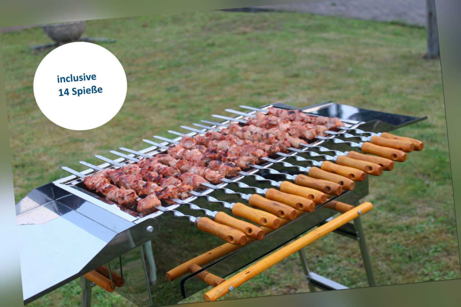 Holzkohlegrill Mangal Schaschlikgrill inkl.14 Spieße aus Edelstahl mit Holzgriff