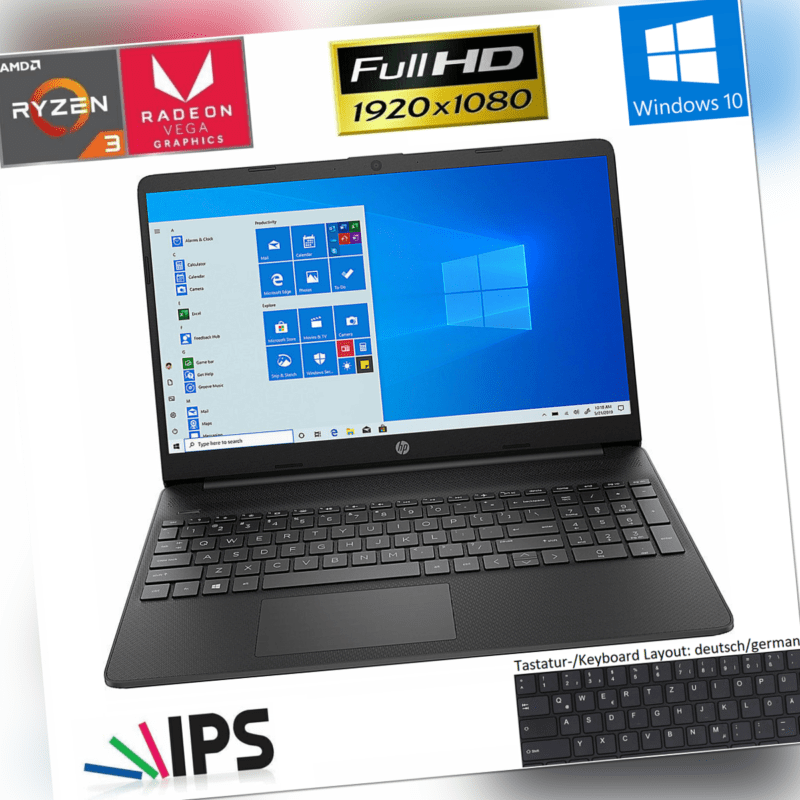 HP Notebook 15,6 Zoll AMD Ryzen 3 3250U 8GB DDR4 256GB SSD FHD IPS Win 10 Laptop