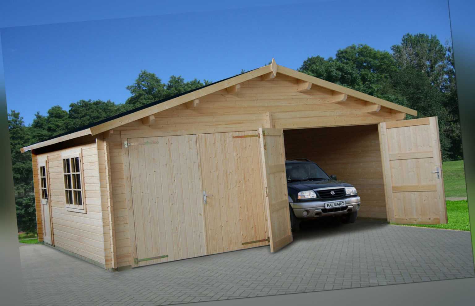 44 mm Holzgarage Roger 20 / 21 / 22 Garage ca. 595x530 cm Blockhaus Carport Holz