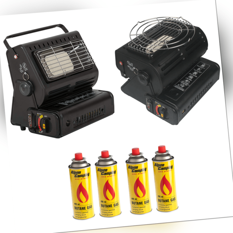 2in1 Tragbare Gasheizung Camping Butan Gas Kocher Keramik +4 Gaskartuschen 1,3KW