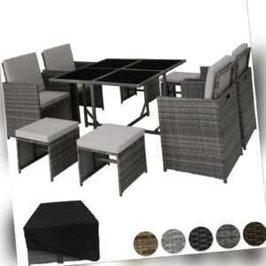 Poly Rattan Sitzgarnitur Gartenmöbel Essgruppe Cube Lounge Set 4 Stühle 4 Hocker
