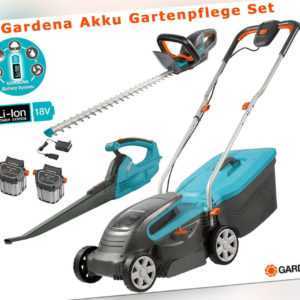 Gardena Set 18V Akku Rasenmäher Heckenschere und Laubbläser Akku u. Ladegerät