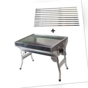 Edelstahl Mangal Schaschlik Angler Grill klappbaren Beinen mit 10 Spießen BBQ