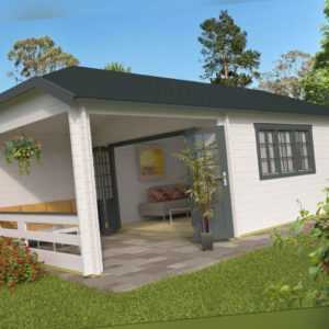 44mm Gartenhaus ISO + Terrasse + Anbauschuppen 850x420cm Blockhaus Holzhaus Holz