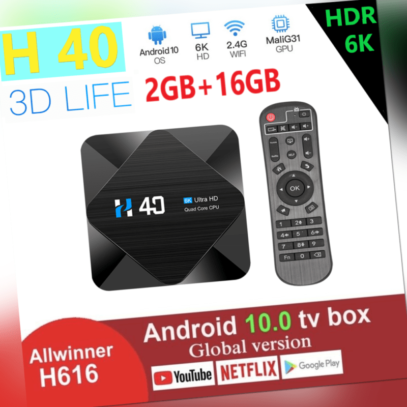 H40 Android 10.0 TV-Box H616 Quad-Core 6K HDR10 2+16GB 2,4G 5G WiFi BT 4.1 Media