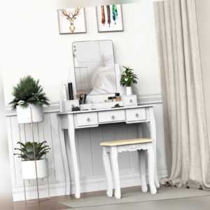 Vanity Table Set Dressing Table with 5 Drawers Cushioned Stool Makeup Table