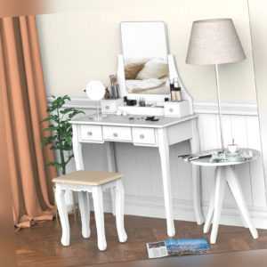 HOMCOM Dressing Table Set With Mirror & Stool 5 Drawers Makeup Dresser Desk