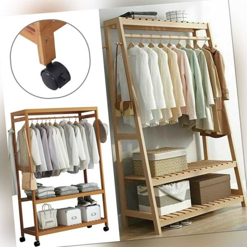 Mobiler Kleiderschrank Holz Garderobenschrank offen Garderobe auf Rollen Regal
