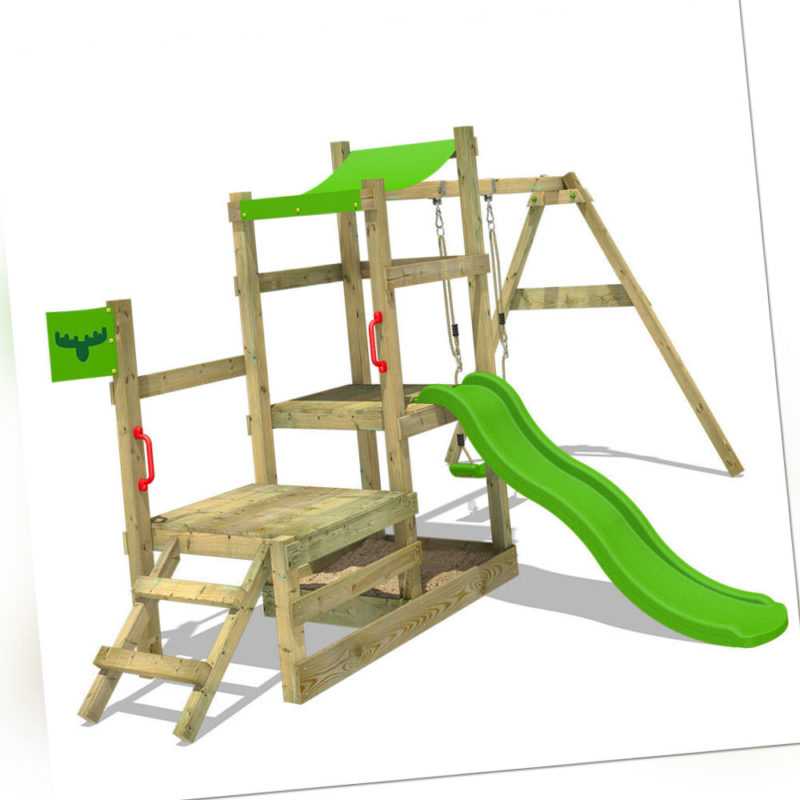 FATMOOSE Spielturm Klettergerüst RabbitRally mit Schaukel & apfelgrüner Rutsche