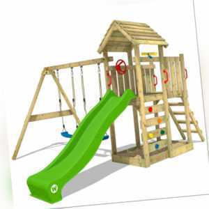WICKEY Spielturm Klettergerüst MultiFlyer mit Holzdach & apfelgrüner Rutsche