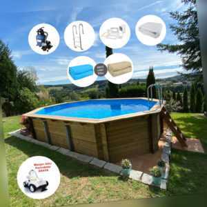 Holzpool Komplett-Set Pool Achteck versch. Größen + Poolroboter Manga+ GRATIS