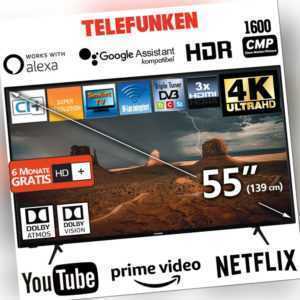 Telefunken TV 55 Zoll Fernseher Smart HDR 4K UHD HDR Prime Netflix Dolby Atmos