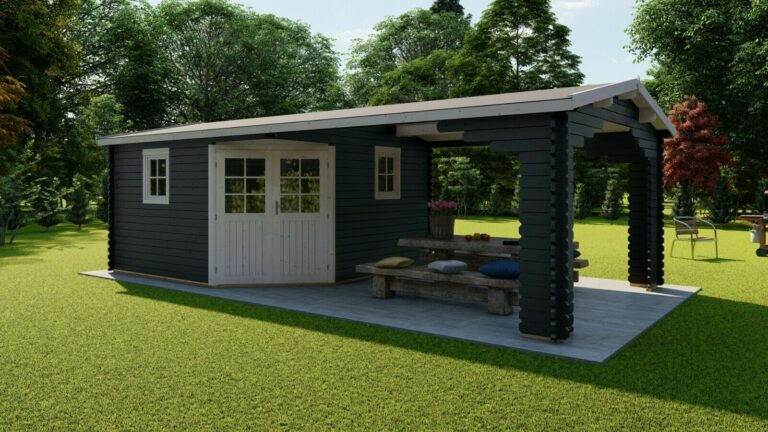 Gartenhaus Holz mit Anbau Blockhaus 3.9x3.9M + 3.9x3.9M 40mm Groningen EB40007L