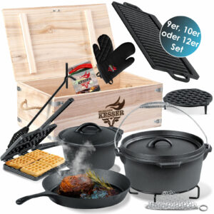 KESSER® Dutch Oven Set 9-12 teiliges Holzkiste Kochtopf Grillplatte Pfanne