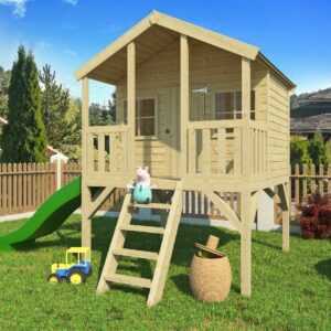 Kinderspielhaus mit Rutsche in grün Holzspielhaus TOBY inkl. Terrasse 182x189 cm