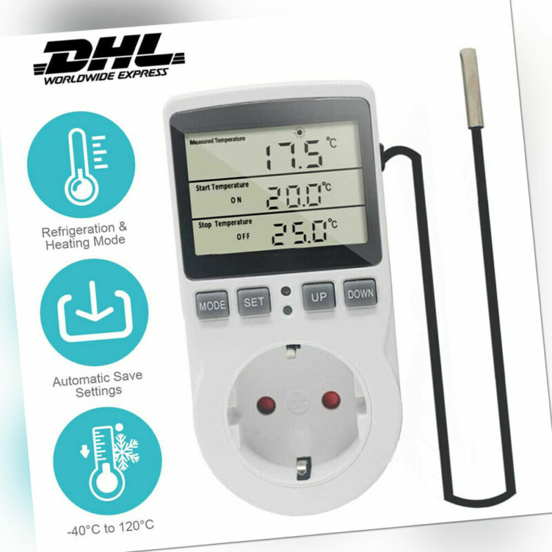 Digitale Thermostat Steckdose mit Fühler  Steckdosenthermostat Temperaturregler