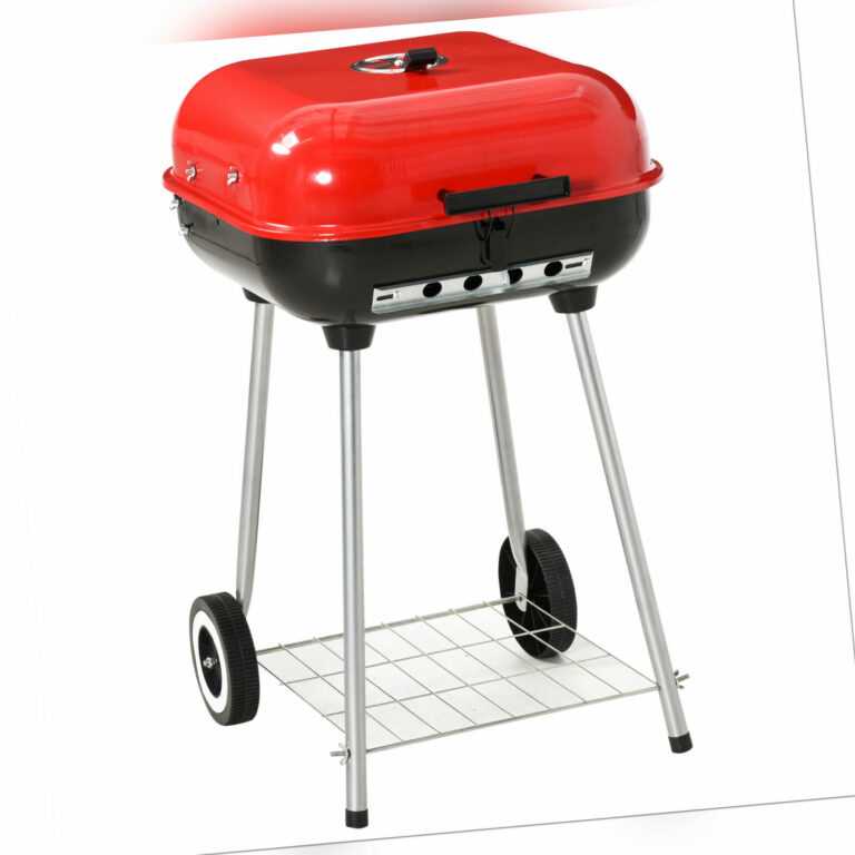 Holzkohlegrill auf Rollen Grillwagen Kugelgrill Rost mit Deckel BBQ Metall Rot