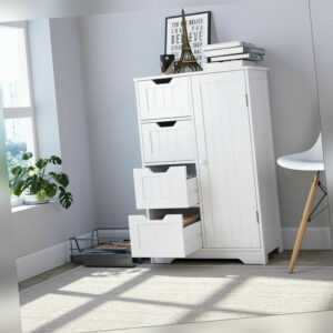 Kommode Sideboard Badezimmerschrank mit 4 Schubladen, Tür, Weiß Holz 83x56x30cm