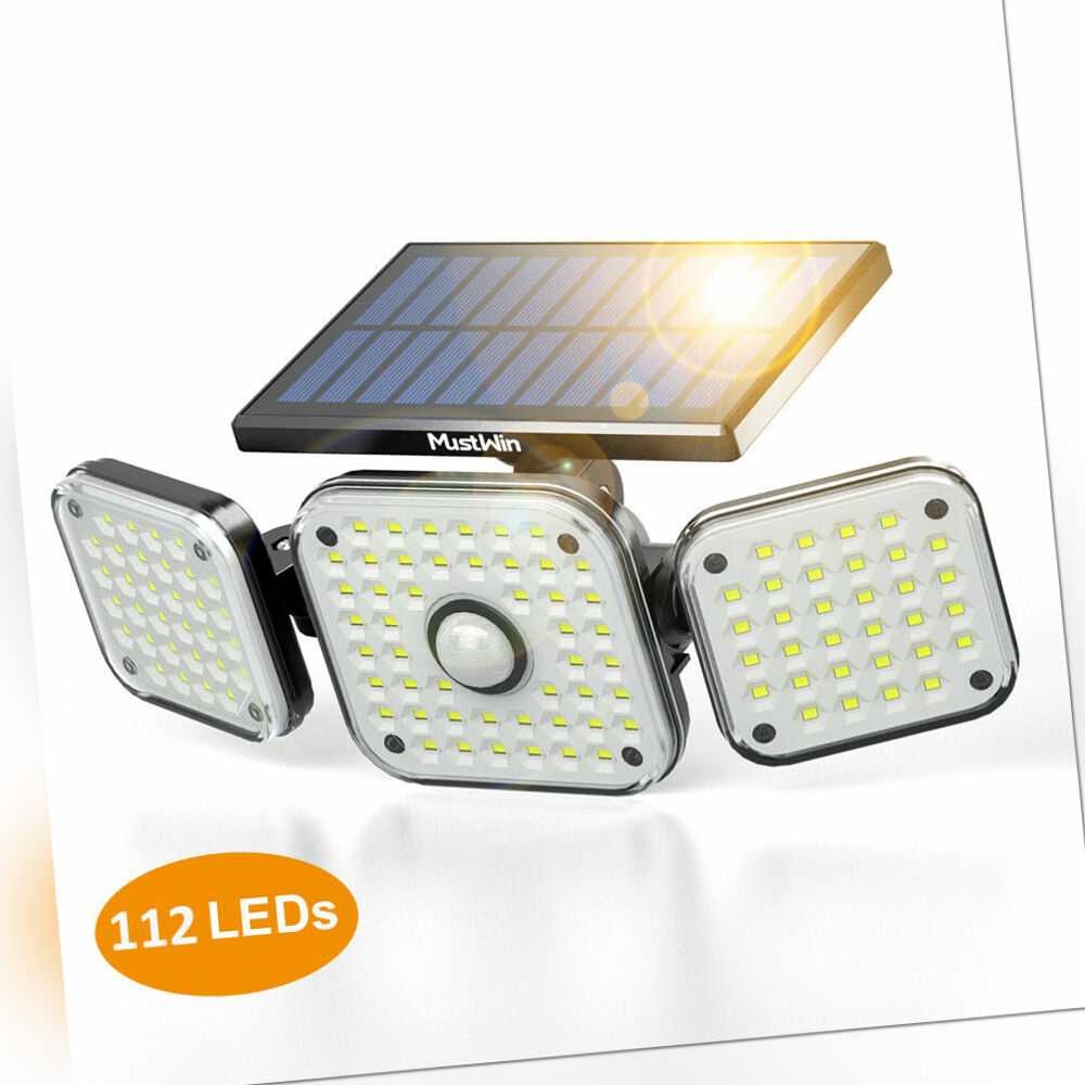 112 LED Fluter Solarleuchte Solarlampe mit Bewegungsmelder Außen Garten Strahler