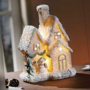Winter Deko "Schneemann-Haus" mit LED und Glitzer, weiß, Advents Weihnachts Deco
