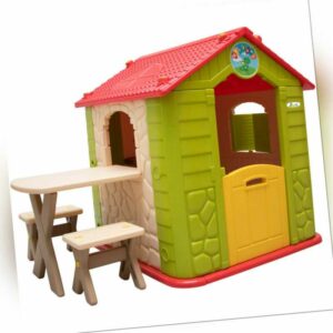 buntes Kinderspielhaus  inkl.Tisch und 2 Bänke Kunststoff Gartenhaus Kinderhaus