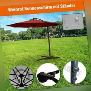 3m Kurbelschirm Sonnenschirm Ampelschirm Marktschirm mit Ständer Weinrot SU30R