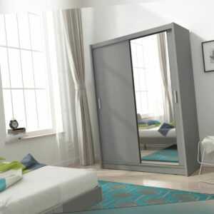 Schrank mit Spiegel Kleiderschrank Schiebetüren BORNEO 130/150 cm Grau und Weiß