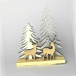 Weihnachtsdeko Holzdeko 3D Aufsteller silber Holz Tannenbaum Rehe Wald