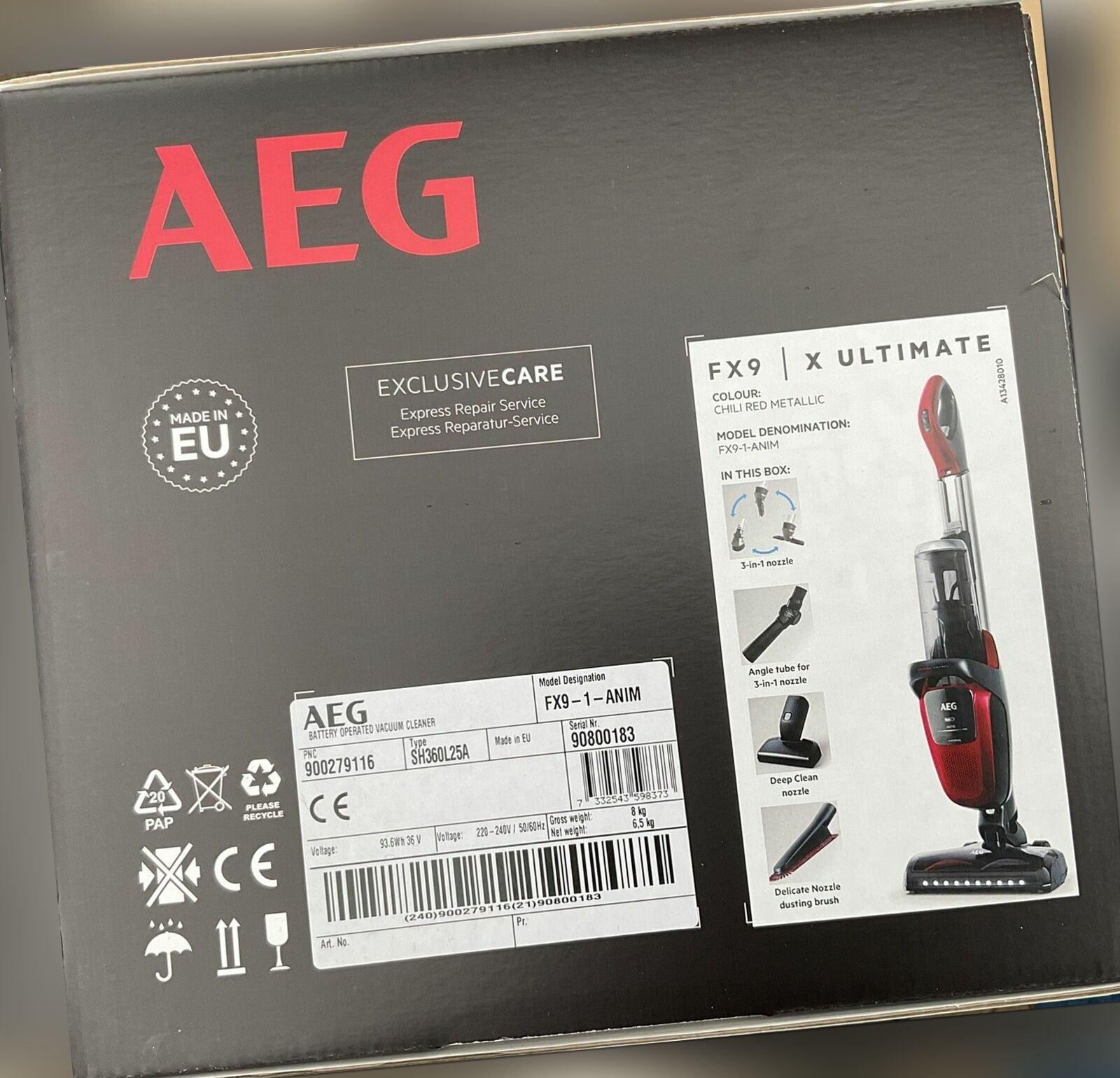 Vac AEG FX9 Chilli rot aufrecht Staubsauger brandneu in Verpackung