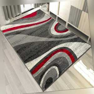 Teppich Modern Wohnzimmer mit Wellen Gestreift Teppiche Kurzflor in Grau Rot
