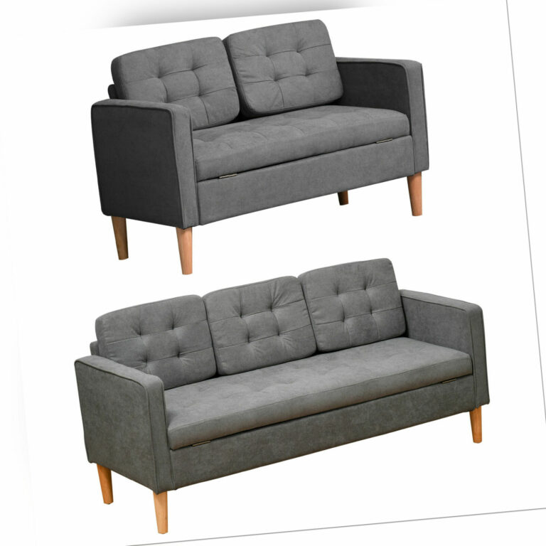 2-Sitzer Sofa Stoffsofa Doppelsofa abnehmbar mit Kissen Gummiholz Baumwoll Grau