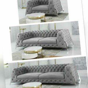 MODERN CHESTERFIELD "KING" 3 SITZER SOFA 2ER SESSEL HOCKER HELLGRAU STOFF SAMT