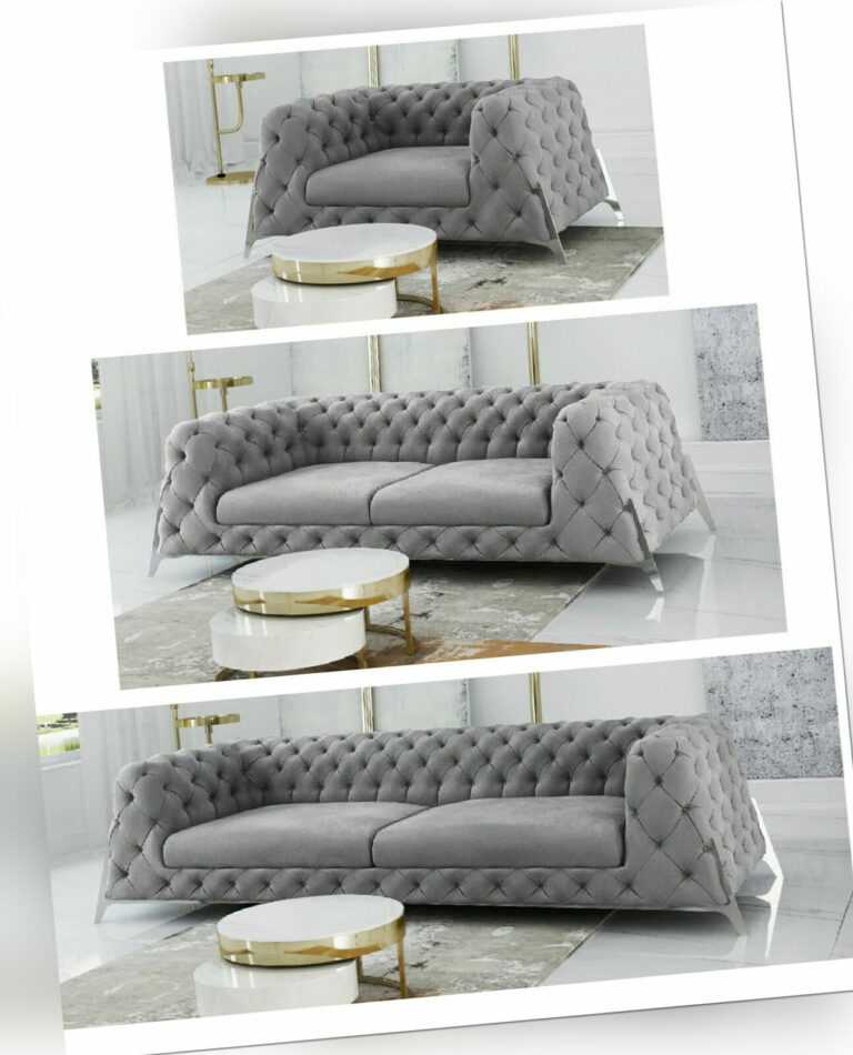 MODERN CHESTERFIELD "KING" 3 SITZER SOFA 2ER SESSEL HOCKER HELLGRAU STOFF SAMT