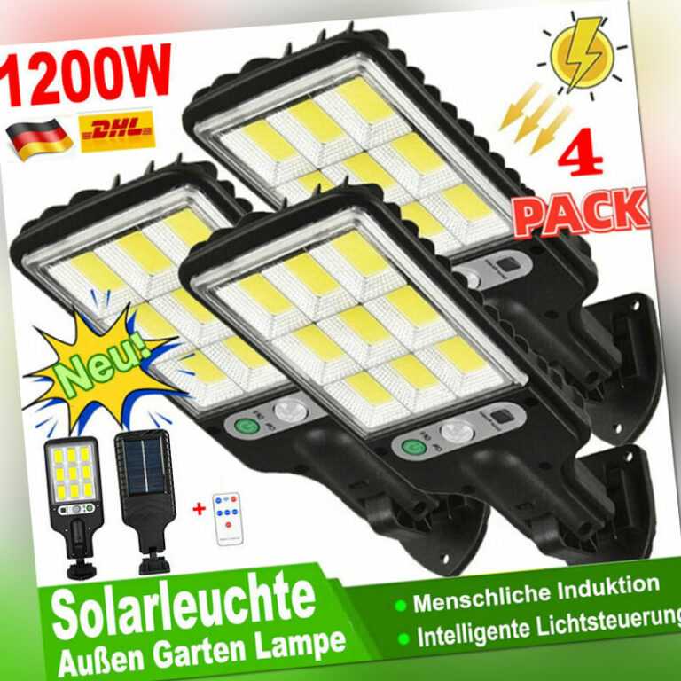 4X 1200W LED Solarleuchte mit Bewegungsmelder Außen GartenStrahler Solarlampe DE