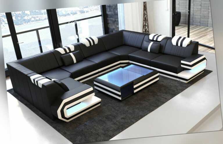 Leder Wohnlandschaft Eckcouch Designersofa RAGUSA U Form Sofa Ottomane Couch LED
