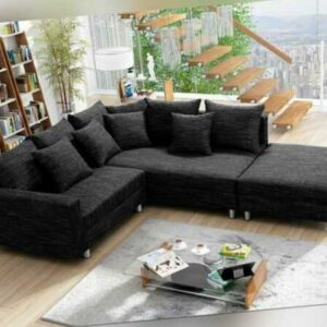 Wohnlandschaft Sofa Couch Ecksofa Eckcouch Gewebestoff schwarz + Hocker Minsk R