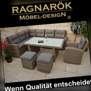 POLY-RATTAN GARTENMÖBEL hohe Dining Lounge Ragnarök-Möbeldesign Esstisch Sessel
