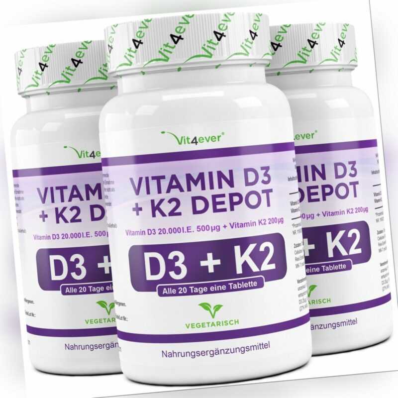 180 - 540 Tabletten Vitamin D3 20.000 I.E. + Vitamin K2 200mcg Natürliches MK-7