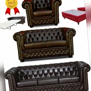 % Chesterfield SET Sofa 3 SITZER Sessel Schlafsofa Hocker ANTIK Braun KUNSTLEDER