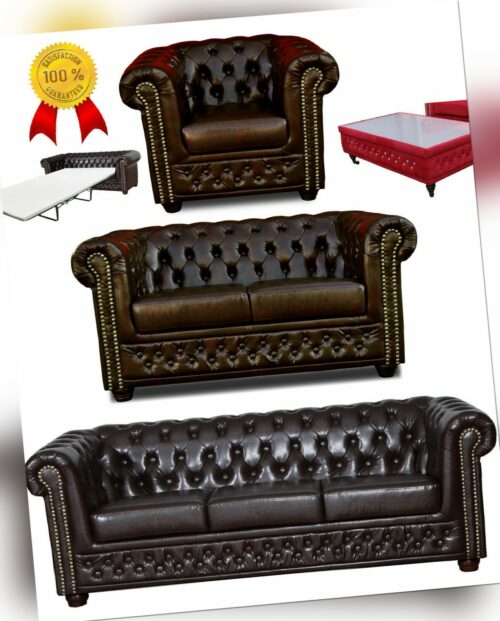 % Chesterfield SET Sofa 3 SITZER Sessel Schlafsofa Hocker ANTIK Braun KUNSTLEDER