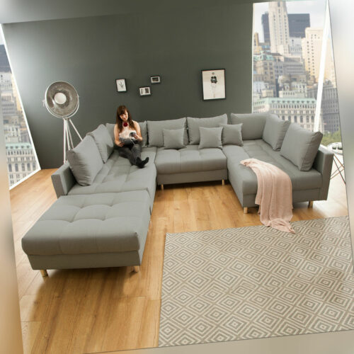 XXL Wohnlandschaft KENT 303cm grau Federkern inkl. Hocker und Kissen U Sofa