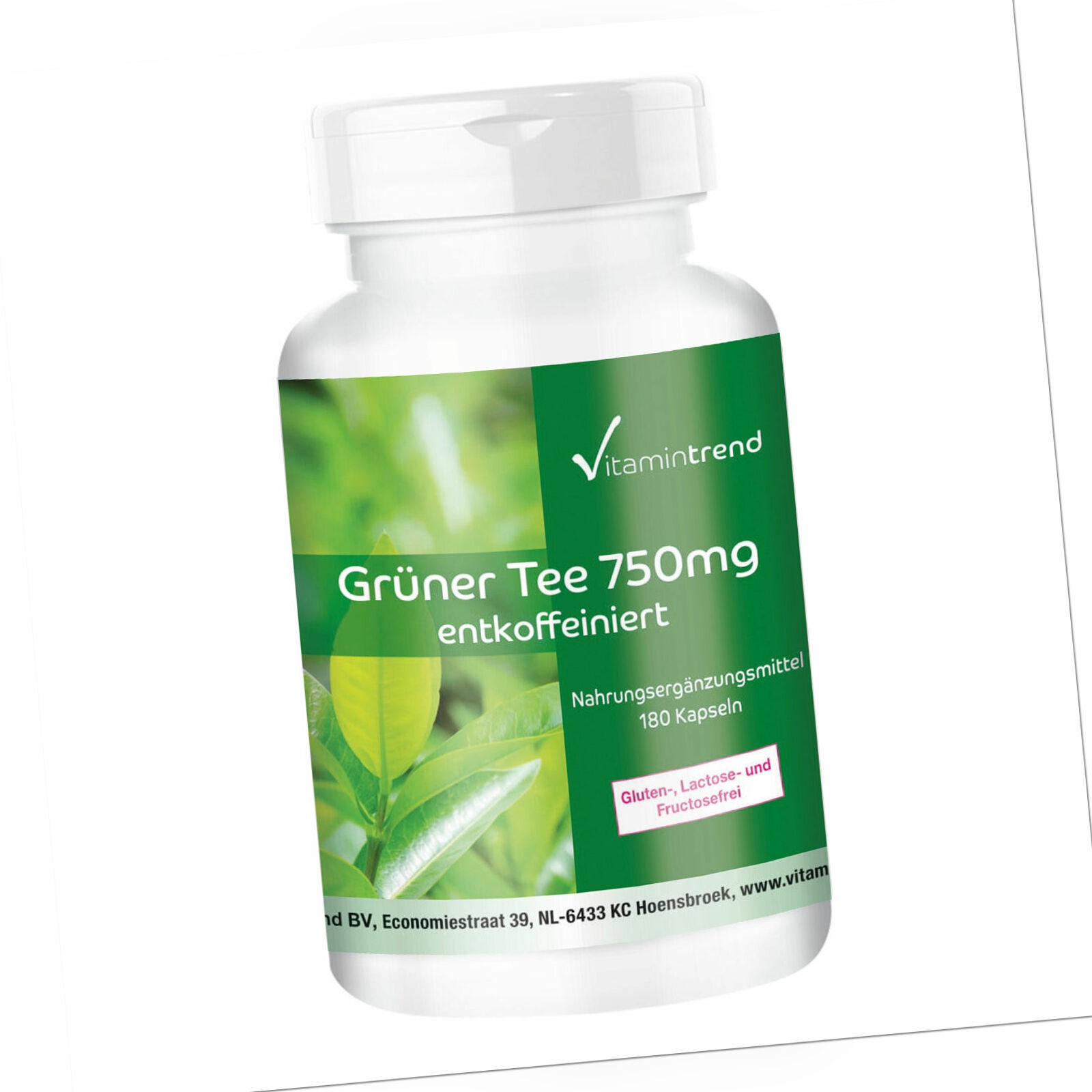 Grüner Tee Extrakt 750 mg - 180 Kapseln | entkoffeiniert, VEGAN | Vitamintrend