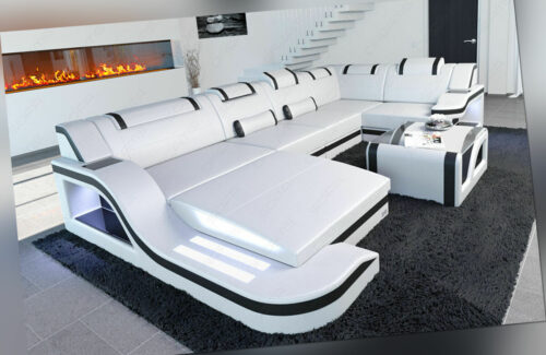 Designsofa PALERMO U Form Leder Couch Wohnlandschaft LED Beleuchtung Ecksofa USB