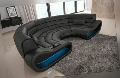 Leder Sofa Bigsofa Design Couch Eckcouch CONCEPT U Form Beleuchtung rund schwarz