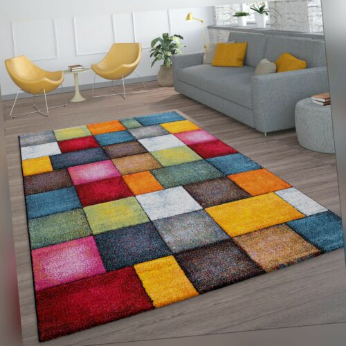 Kurzflor Wohnzimmer Teppich Bunt Karo Design Vierecke Mehrfarbig Farbenfroh